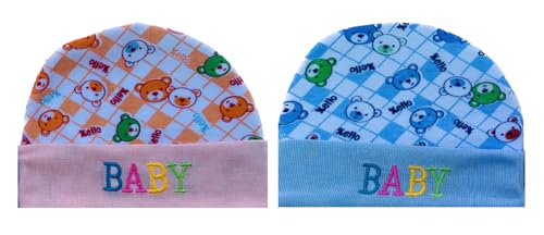 Wavva® New Born Baby Caps for New Born 0-6 Months – (Pack of 2) | Cotton Baby Cap Set for Baby boy & Girls| New Born Baby Products-Essentials- Baby Shower Gifts (Multi Design and Color)