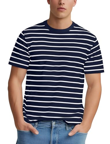 Zengjo Mens Striped T-Shirt Short Sleeve Crewneck Classic Horizontal Stripe Tee Top