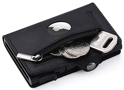 Tne Airtag Wallet (Airtag Not Included) Genuine Leather Credit Card Money Holder Automatic Popup Mini Aluminum Wallet With Zipper Coin Pocket | Airtag Case Men Or Women Air Tag Cover (Brown) #TOP5