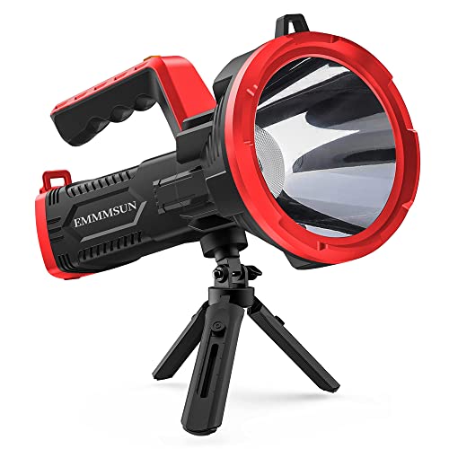 EMMMSUN Rechargeable Spotlight Flashlight 120000 High Lumens, IP66 Waterproof Handheld with 7000mAh & 4Hrs Quick Charge, Spot Light Adjustable Stand Red Lens for Hunting (RED), (EM002)