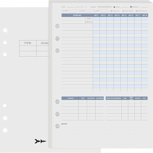 Harphia Ersatzblätter für Workout-Tracker-Planer mit 6-Ringbindung, Einlegeblätter für Fitnessjournal-Notizbücher, A5-Format (8,27 x 5,71 Zoll), effizient und professionell