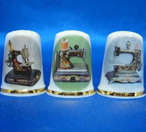 Porcelain China Collectable - Set of Three Thimbles - Art Deco Sewing Machines