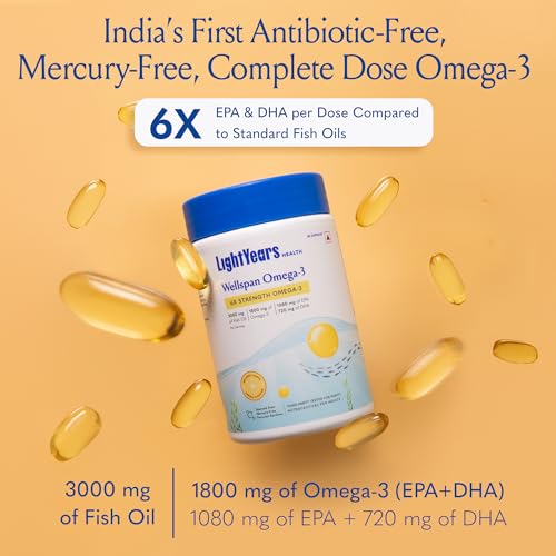 Image of LightYears Wellspan Omega 3 Fish Oil Capsules | 6X Strength | 3000 mg Fish Oil & 1800 mg EPA DHA for Men & Women | Mercury-Free | Lemon Flavoured for No Fishy Burps | 3rd Party Tested | 120 Capsules