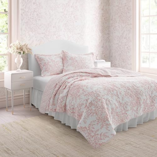Image of Laura Ashley - Queen Quilt Set, 100% Cotton Cover with Cotton Blend Fill, Prewashed for Softness, Reversible Floral Bedding with Matching Shams (Pink)