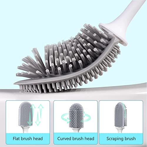 Canvint Silicone Toilet Brush With Holder Set, Dead Corner Deep Cleaning, Quick Drying, Flexible No-Slip Long Plastic Handle for Bathroom (White) - Image 3