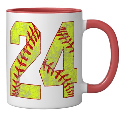 Softball #24 Fast Pitch Love Softball Mom Favorite Player Ceramic Mug, Red/White