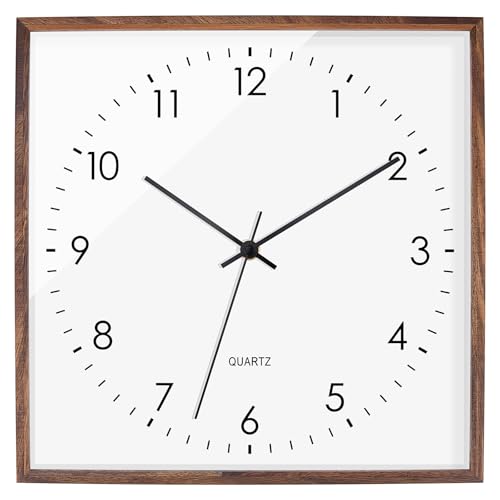 Foxtop Square Wood Wall Clock, 12 Inch Silent Non-Ticking Battery Operated Quartz Wooden Wall Clock Decorative for Kitchen Bedroom Living Room Home Office