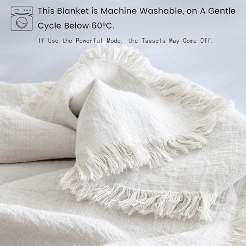 Simple&Opulence 100% Linen Throw Blanket 55x75 inches, Farmhouse Boho Tassel Blanket for Couch, Bed, Sofa, Breathable Natural Cozy Décor, White ﻿ by Simple&Opulence - Used condition - Image 4