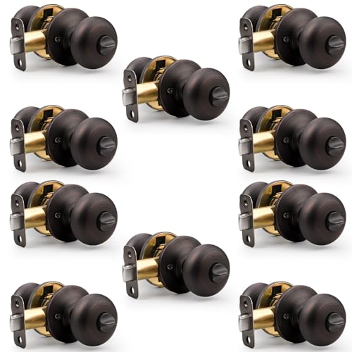 Probrico Bulk Privacy Door Knobs Interior 10 Pack, Oil Rubbed Bronze Round Ball Door Handles for Bedroom/Bathroom, Modern Locking Door Knobs Without Key