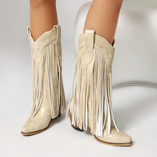 AIJIVOU Embroidered Fringe Cowboy Boots for Women, Pull On Mid Calf Chunky Block Heel Pointed Toe Western Cowgirl Boots Riding Country Boot Retro Boots3