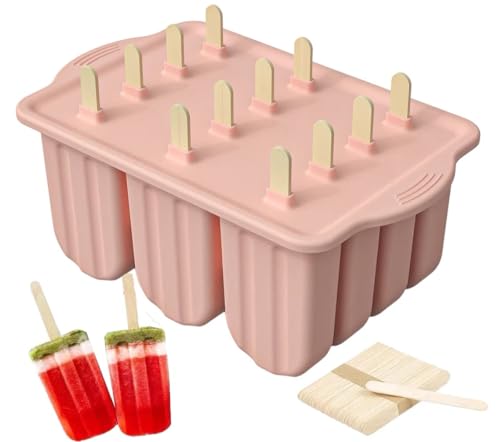 Molde para Helados y Polos, Silicona Alimentaria, 12 Rejillas con Tapa, con 50 Palitos de Madera (Rosa)