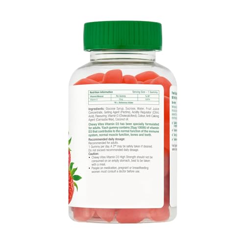 Chewy Vites Adult High Strength Vitamin D3, 60 Vitamin D Gummies, 25 micrograms 1000 IU, 2 Months Supply, Vegan, Real Fruit Juice, Strawberry Flavour - Image 2
