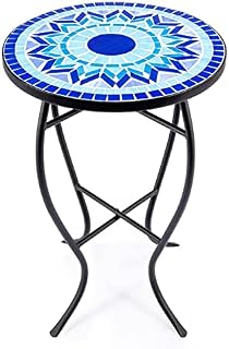 VONLUCE Mosaic Side Table and Plant Stand, 53.5cm Round Side Table with 36cm Ceramic Tile Top, Indoor and Outdoor Accent Table, Outdoor Patio Bistro Coffee Table for Home & Garden (Blue Mandala)