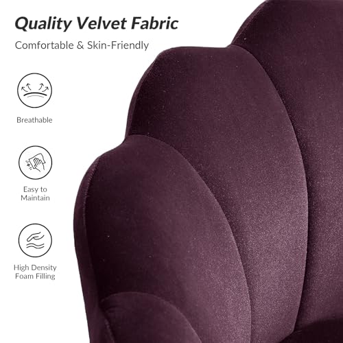 Image of HULALA HOME Modern Velvet Accent Chair with Shell Shaped Back, Cute Living Room Bedroom Armchair Sofa Chair with Gold Legs, Comfy Upholstered Vanity Chair for Makeup Room, Purple