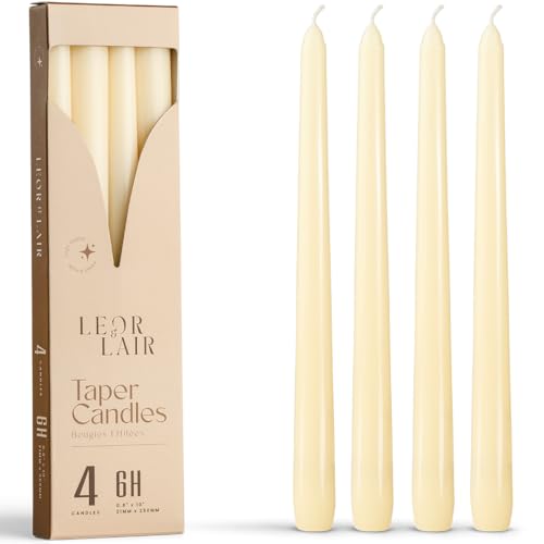 Leor & Lair Ivory Taper Candles - 4 Pack 10' Ivory Candlesticks - Unscented Cream Candle Sticks for Home Decoration, Holiday Tables, Weddings, Restaurants & Business Events