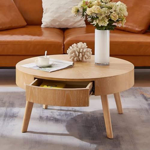 Round Wood Coffee Table for Living Room, Modern Farmhouse with Drawer, Solid Boho Circle Table with 4.5” Thick Tabletop, 31.5' L x 31.5' W x 15.87' H
