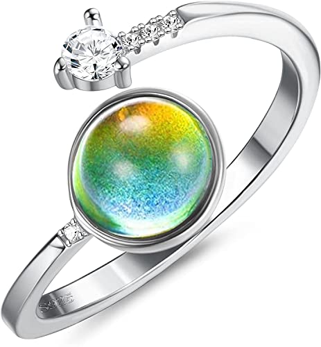 Finrezio Bagues D'humeur Argent Sterling 925 Bagues pour Femme avec Changement Couleur Bague Pierre D'humeur Bagues Contrôle Température Bagues Empilables avec Changement Couleur Bijoux Cadeau