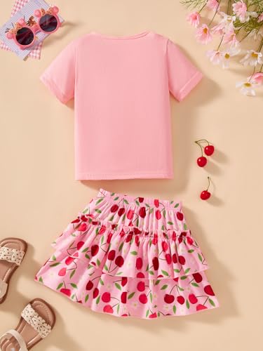Image of Little Girls Skirt Set - 2 Piece Short Sleeve Top Shirred Tiered Skirt Outfit Girls Spring Summer Clothes 3-8 Years
