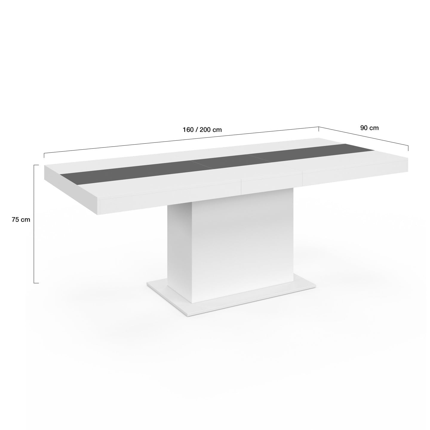 IDMarket – Mesa de comedor extensible rectangular Eden 6-10 personas, color blanco y banda central gris 160-200 cm