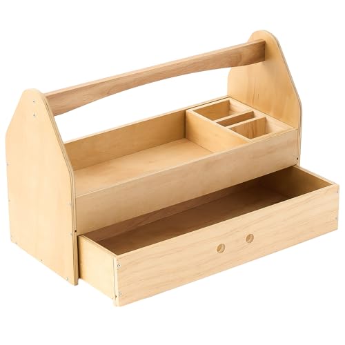 Image of Colingmill 22"x14"x9" Wood Tool Box, Wooden Craft Tool Box with Handle and Drawer, Wooden Caddy Organizer for Crafts or Storage Art Garden Supplies Organizing Home Organizer
