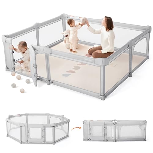 Image of Sweeby Foldable Baby Playpen, 71x59 Inch Baby Gate Playpens for Babies and Toddlers Extra Large Play Yard with Door Child Fence and Indoor Play Pen, Light Grey