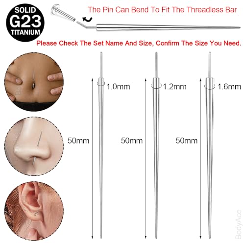 BodyAce G23 Titanium Threadless Piercing Taper, 14G 16G 18G Piercing Taper Insertion Pin, Body Piercing Stretching Kit Assistant Tool for Nose/Ear/Navel/Lip/Eyebrow [BL:50mm;14G,16G,18G] - Thumbnail 3