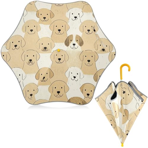 Paraguas para niños beige con diseño de perro y tira reflectante