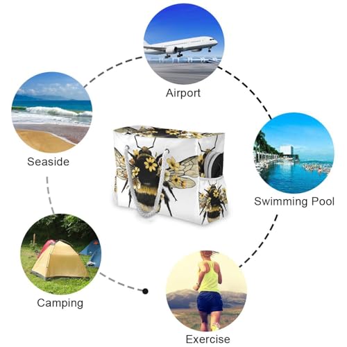 OTVEE Bumble-bee Beach Bags for Women Ladies Large Canvas Tote Shoulder Bag Waterproof Travel Bags for Gym Swim Pool Camping4