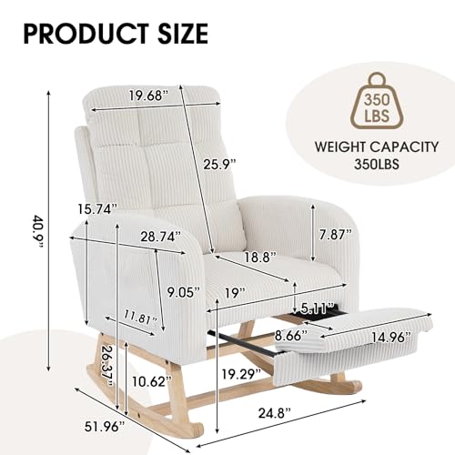 Image of NIOIIKIT Nursery Rocking Chair, Corduroy Upholstered Rocking Chair with Adjustable Footrest, Tufted Rocker Chair with Side Pocket, Glider Rocker for Living Room, Bedroom (Cream Retro)