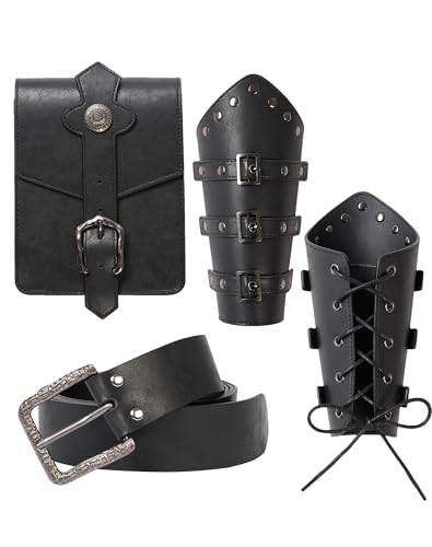 Berenlu 3 PCS Renaissance Accessories Viking Belt Medieval Vintage Belt Pouch & Leather Bracers for Halloween LARP Cosplay (Black Square Pouch)