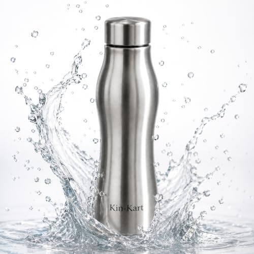 Image of Kin-Kart Water Bottles 1000 ml Stainless Steel Water Bottle 1 Litre | Eco friendly Steel BPA Free Leakproof Water Bottles for School, Office, Home, Gym (CURVES, SILVER)