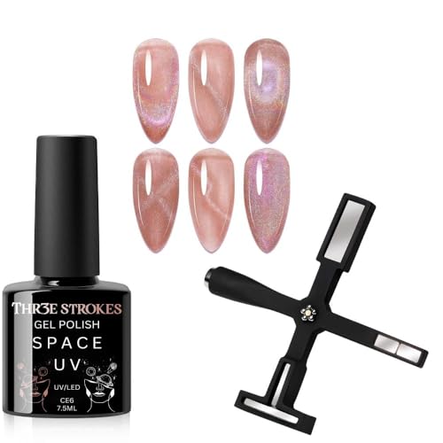 Image of THR3E STROKES 9D Cat Eye Gel Nail Polish 7.5ML - Glitter Magnetic Gel with 3D Shimmering Effect - 5 in 1 Magnet Set - UV /LED Soak Off Gel for Nail Art & DIY Manicure at Home (CE6)