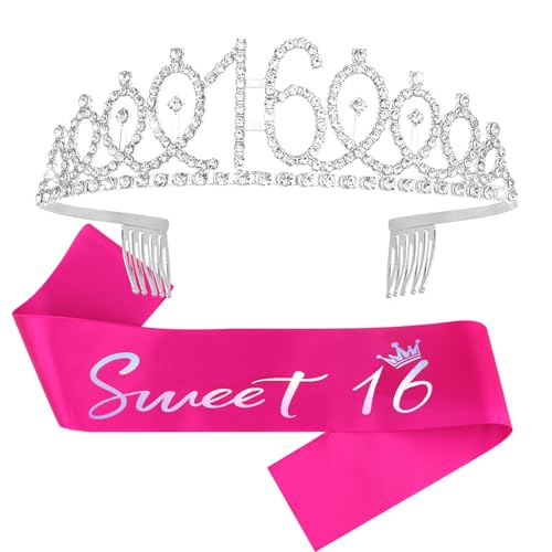 Semato 16th Birthday Crown and Hot Pink Sweet 16 Sash Kit- Sweet 16 Party Decorations 16th Birthday Party Gifts Birthday Party Supplies for Girls (hot pink)