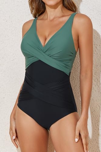 Image of Smismivo Tummy Control Swimsuits for Women Slimming One Piece Bathing Suit Retro Ruched Push Up Vintage Padded Swimwear