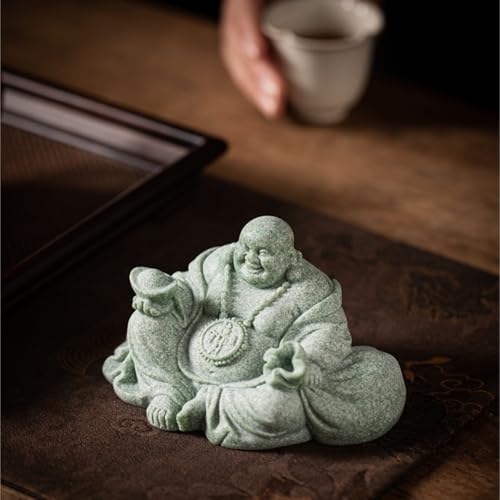 Statue Bouddha Maitreya en grès vert TUSUOD pour thé Kungfu