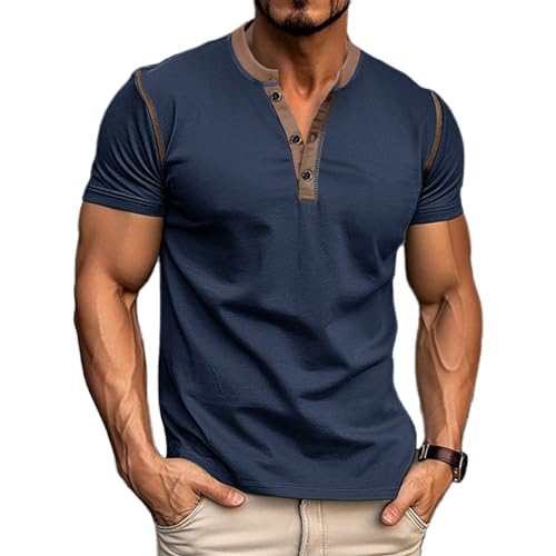 Asamqu Mens Short Sleeve Shirts Casual Summer Cotton Henley Shirts Slim Fit Classic T-Shirts Navy