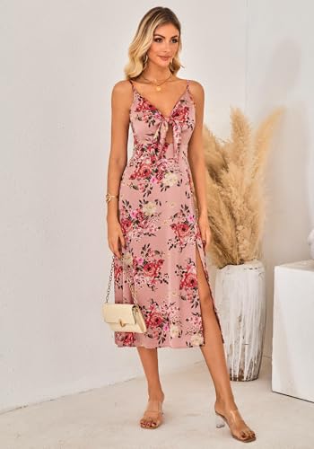 Image of Fashionme Women Spaghetti Strap Midi Satin Dresses Tie Front Backless Slit Cutout Dress Semi-Formal /Casual Flowy Lightweight
