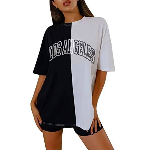 Zweifarbig T-Shirt Teenager MäDchen Tumblr - Los Angeles Tshirt Oversize - Sweatshirt Damen T-Shirt Kurzarm Aesthetic Clothes Lose Oberteile Tshirt Bluse Streetwear Tunika Tee Shirt Tops Cover