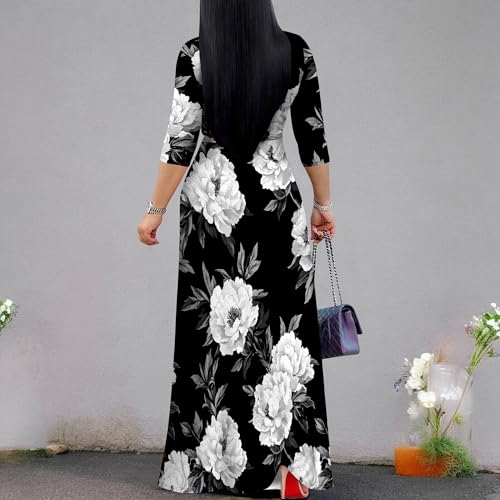 Image of Maxi Dresses for Women Casual Plus Size Formal Dresses 3 /4 Sleeve Ladies Long Dresses with Belt