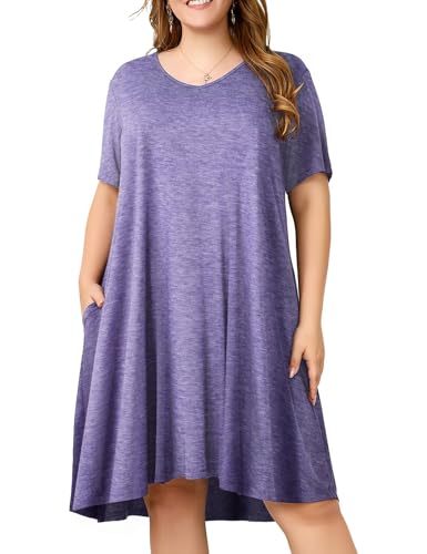 Image of OVERWORETY Womens Short Sleeve Plus Size T-Shirt Dress V Neck Casual Loose Swing A-Line Summer Tunic Dresses with Pockets
