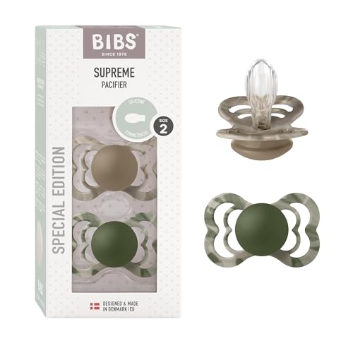 BIBS Supreme Camo Schnuller 2er-Pack, BPA-frei, Symmetrischer Nippel. Silikon, Hergestellt in Dänemark. 6-18 Monate (2er Pack), Camouflage Hunter Green/Sand