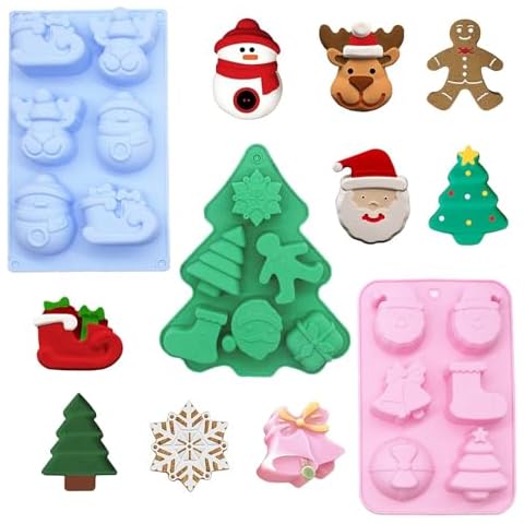 3 Pack Christmas Silicone Molds, Non-Stick Chocolate Jelly Cake Baking mold, for Party Xmas Gift Handmade Soap Molds with Shape of Christmas tree Elk Socks Bells Gift Snowman Sleigh Santa Claus … Cover