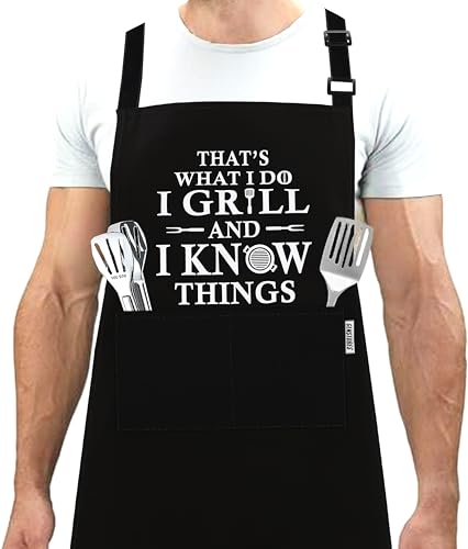 GENSTORES Funny Grilling Aprons for Men with Pockets BBQ Novelty Cooking Aprons for Son, Grandad Baking Aprons Christmas Fathers Day Gift For Men Birthday Gifts for Dad I Grill And I Know Apron