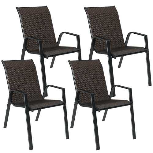 Outsunny Lot de 4 chaises de Jardin empilables, Fauteuil d'extérieur avec accoudoirs et revêtement en résine tressée Effet rotin Marron