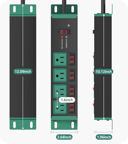Image of CCCEI 2PCS Heavy Duty Power Strip Surge Protector 20 AMP Individual Switches. 12 Gauge Extension Cord with Multiple Outlets. Garage, Shop, Industrial Wall Mount Electric Extender. 4FT, Green.