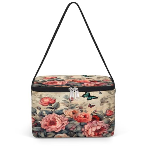GzLeyigou Retro Floral Peony Lunch Bags for Women Men 9 Cans, Hot & Cold Food Delivery Bag Insulated Grocery Bag Insulated Lunch Box Flowers Cooler Bag for Office Work Picnic Beach