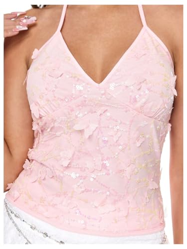 SOLY HUX Women's Y2k Sequin Halter Crop Top Cute 3D Butterfly Glitter Coquette Party Club Tops4