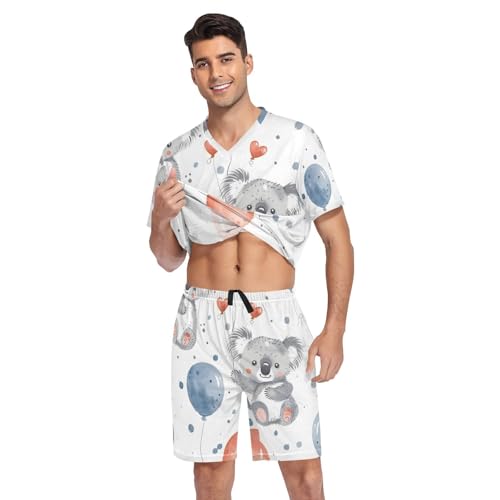 Men's Pajama Set Cartoon Koalas and Balloons Short Sleeve with Shorts Pockets Sleepwear Set Summer Loungewear3