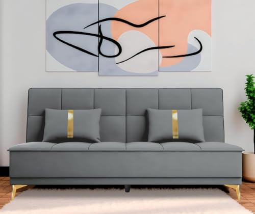 Image of Adorn India Premium New Alyssum 3 Seater Sofa Cum Bed 4X6 Velvet Suede with 2 Cushions (Color Grey) and Suitable for All Indoor, with 3 Years Warranty