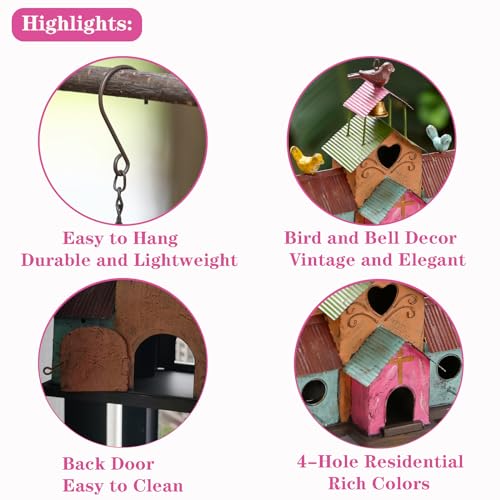 MOCOME Large Bird Houses for Outside Hanging, 4 Hole Outdoor Bird House with Bell, Easy Clear, Colorful Metal Bird Houses for Outside.